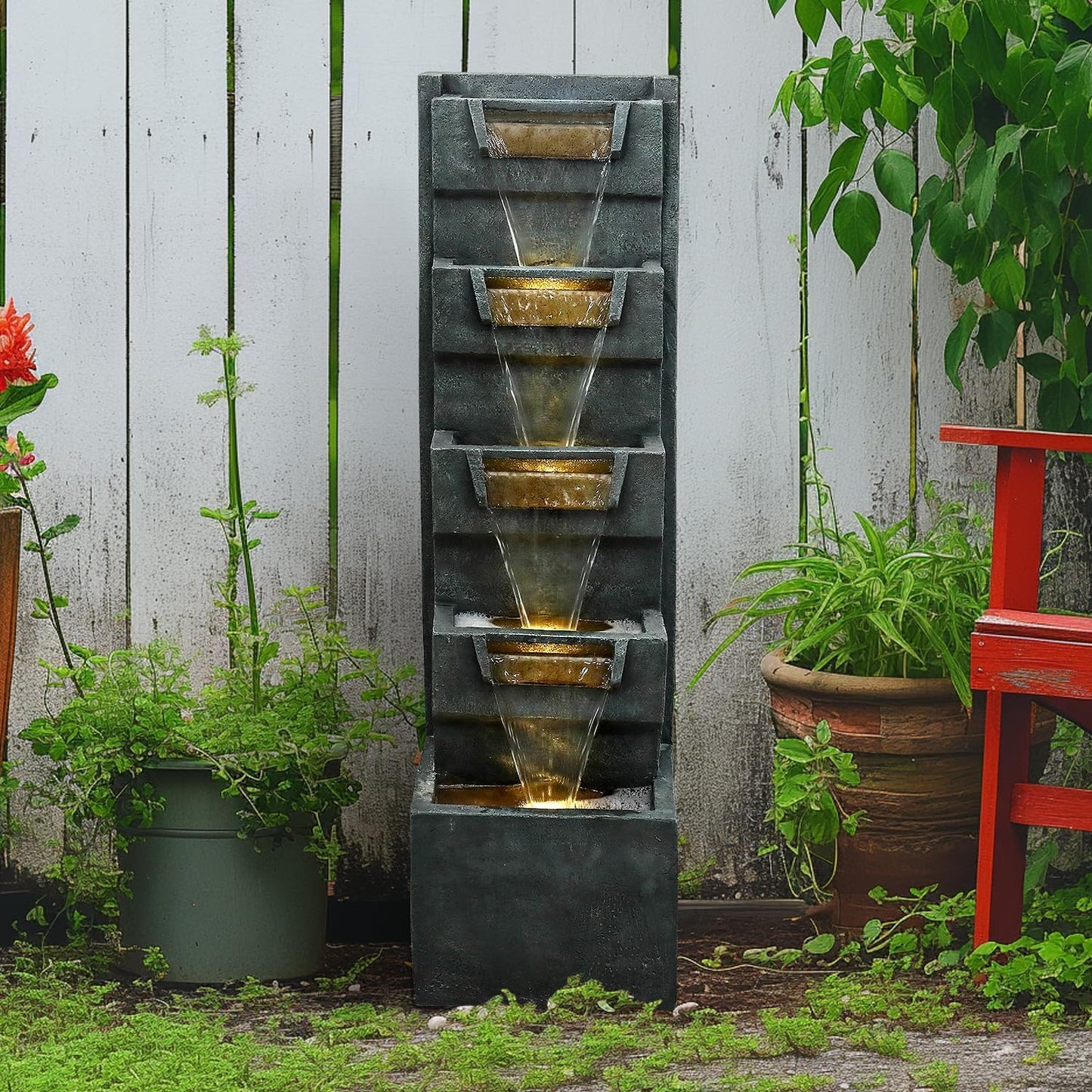 SunJet 4-Tiers Modern Cascading Indoor/Outdoor Fountains and Waterfalls with LED Lights - 39.3"