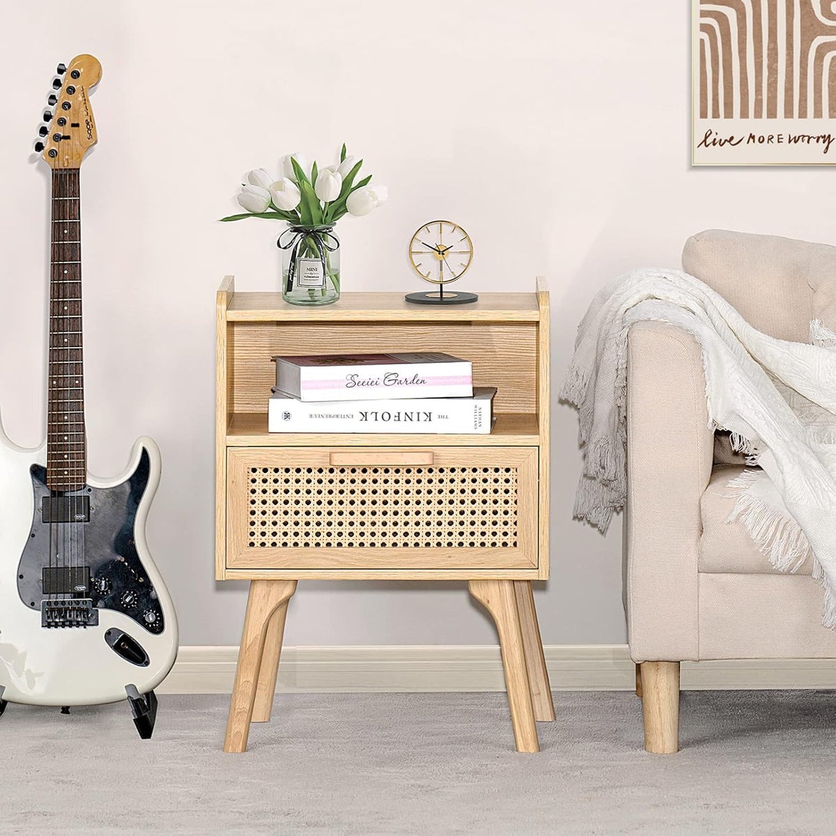 Lerliuo Rattan Nightstands Set of 2, Boho Side Table with Drawer Open Shelf, Cane Accent Bedside