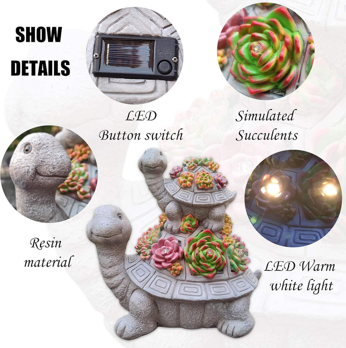 Large Turtle Solar Garden Outdoor Statues with Succulent and 6 LED Lights,Outside Solar Turtle