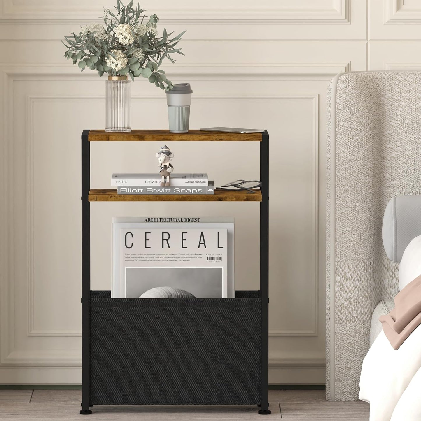 Narrow Side Table, Slim End Tables with Fabric Basket, Skinny Table for Small Spaces, Thin Bedside