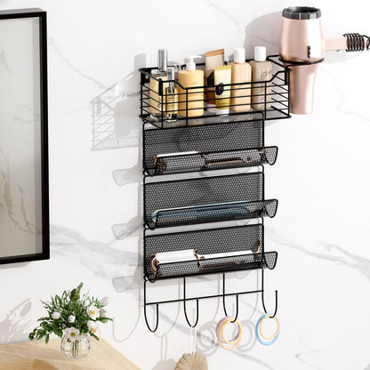 VITVITI Metal Hair Tool Organizer Wall Mount, Hair Dryer Holder with 4 Tier Shelf Basket Hooks