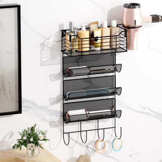 VITVITI Metal Hair Tool Organizer Wall Mount, Hair Dryer Holder with 4 Tier Shelf Basket Hooks