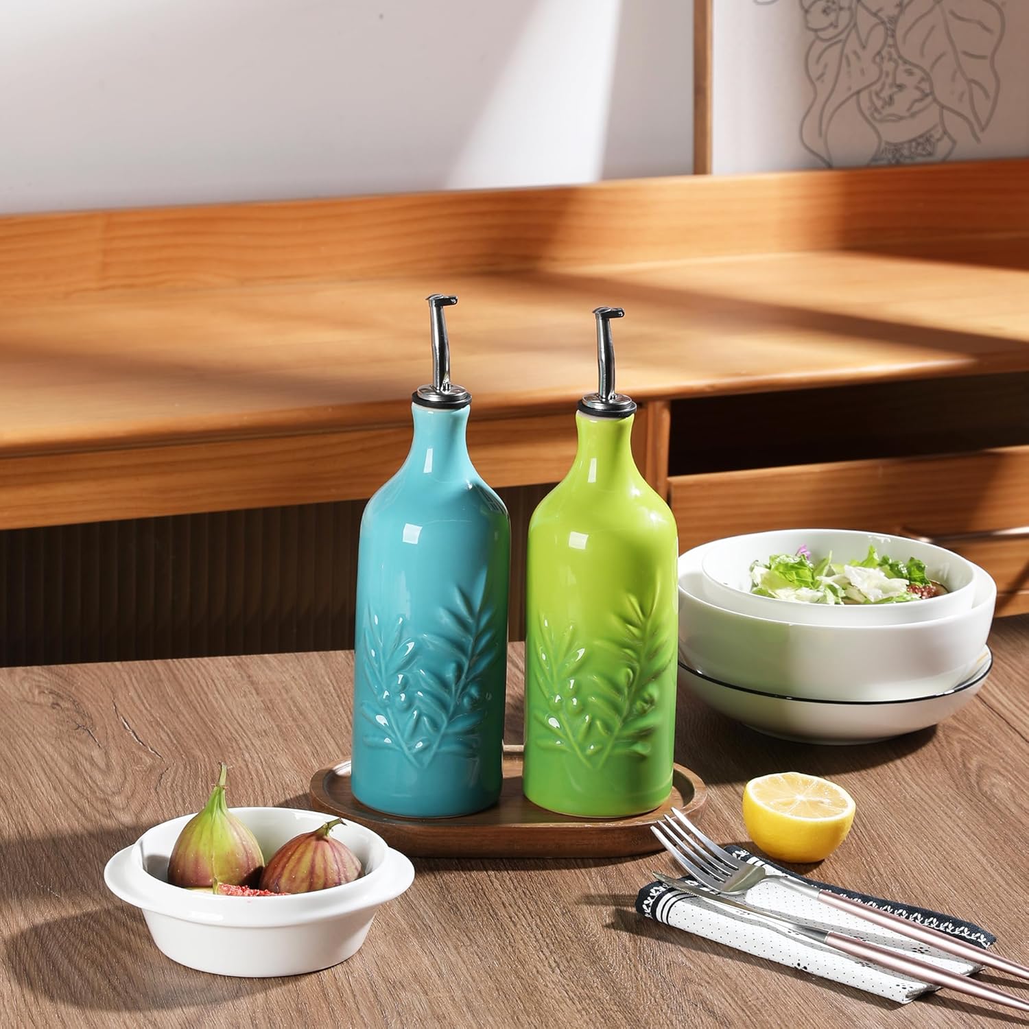 Sweejar Ceramic Olive Oil Dispenser Bottle, 20 Oz Relief Opaque Oil Cruet Protects To Reduce
