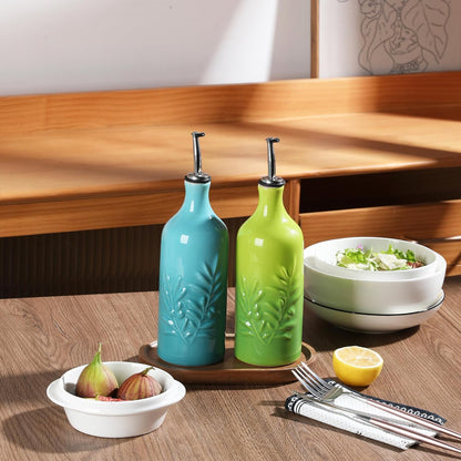 Sweejar Ceramic Olive Oil Dispenser Bottle, 20 Oz Relief Opaque Oil Cruet Protects To Reduce