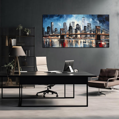 Brooklyn Bridge Wall Art for Bedroom,Modern City Large Canvas Wall Art Living Room,Blue Home Office
