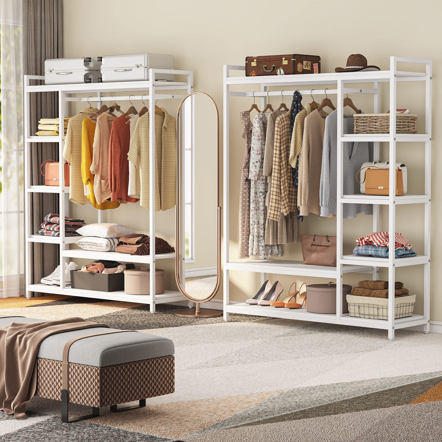 LITTLE TREE Free Standing Wood Closet Clothes Rack,Heavy Duty Grament Rack with Shelves,Hanging