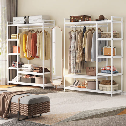LITTLE TREE Free Standing Wood Closet Clothes Rack,Heavy Duty Grament Rack with Shelves,Hanging