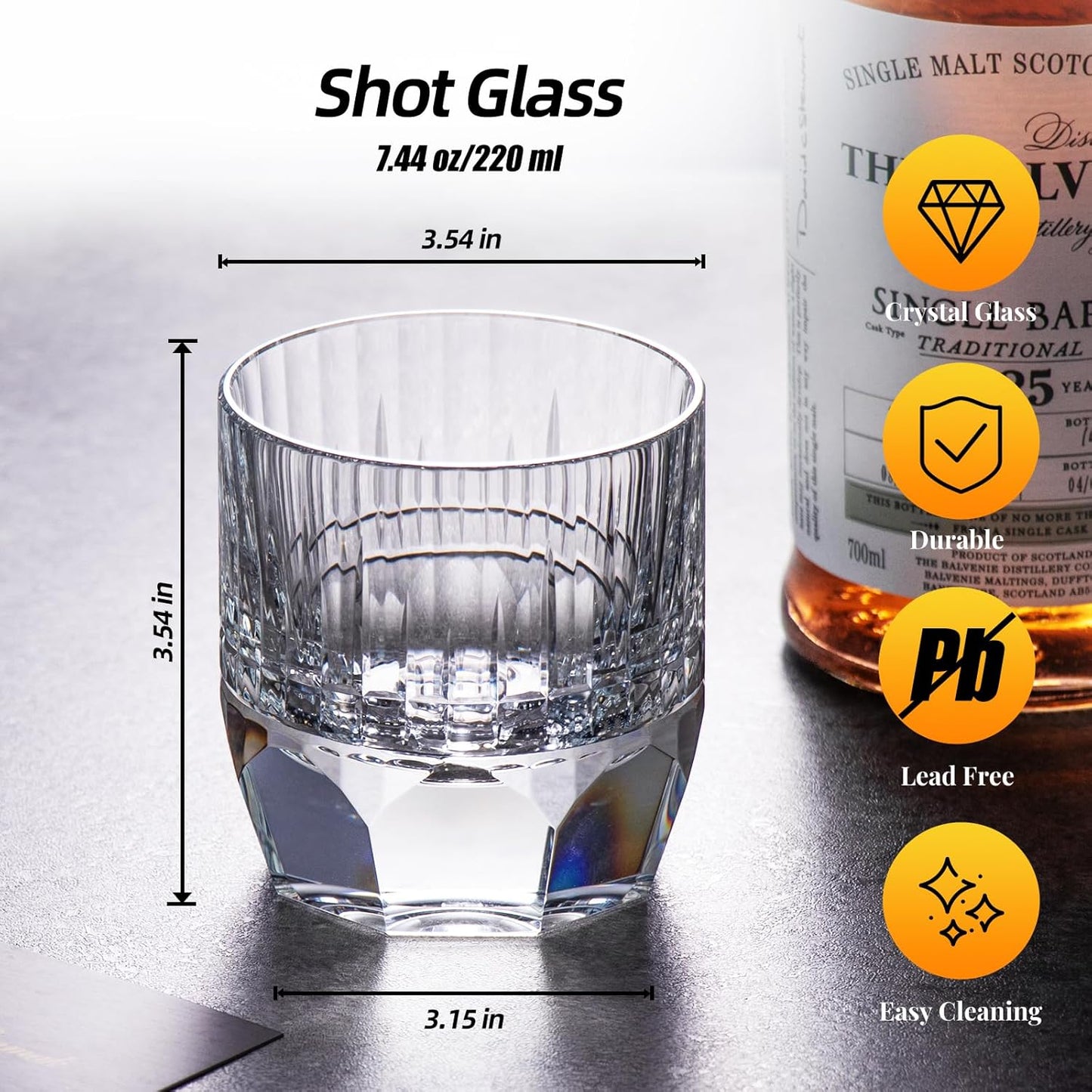 KAMMAK Crystal Whiskey Glasses Set of 2, 7.44oz Old Fashioned Glasses Stemless, Luxury Hand Blown