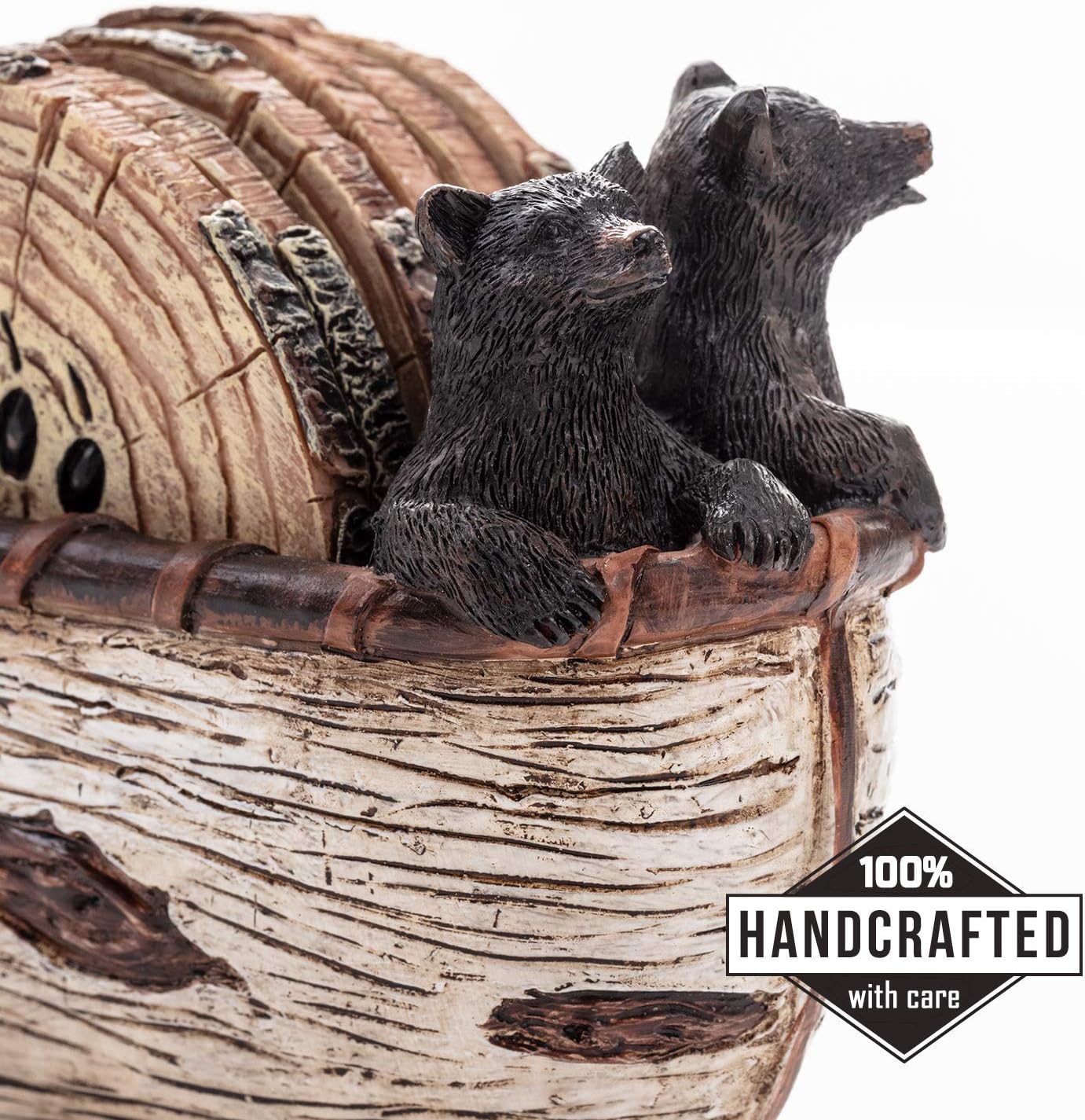 Bear Coasters Set of 6 Full Size Rustic Coasters in Handmade Canoe with Adorable Black Bear
