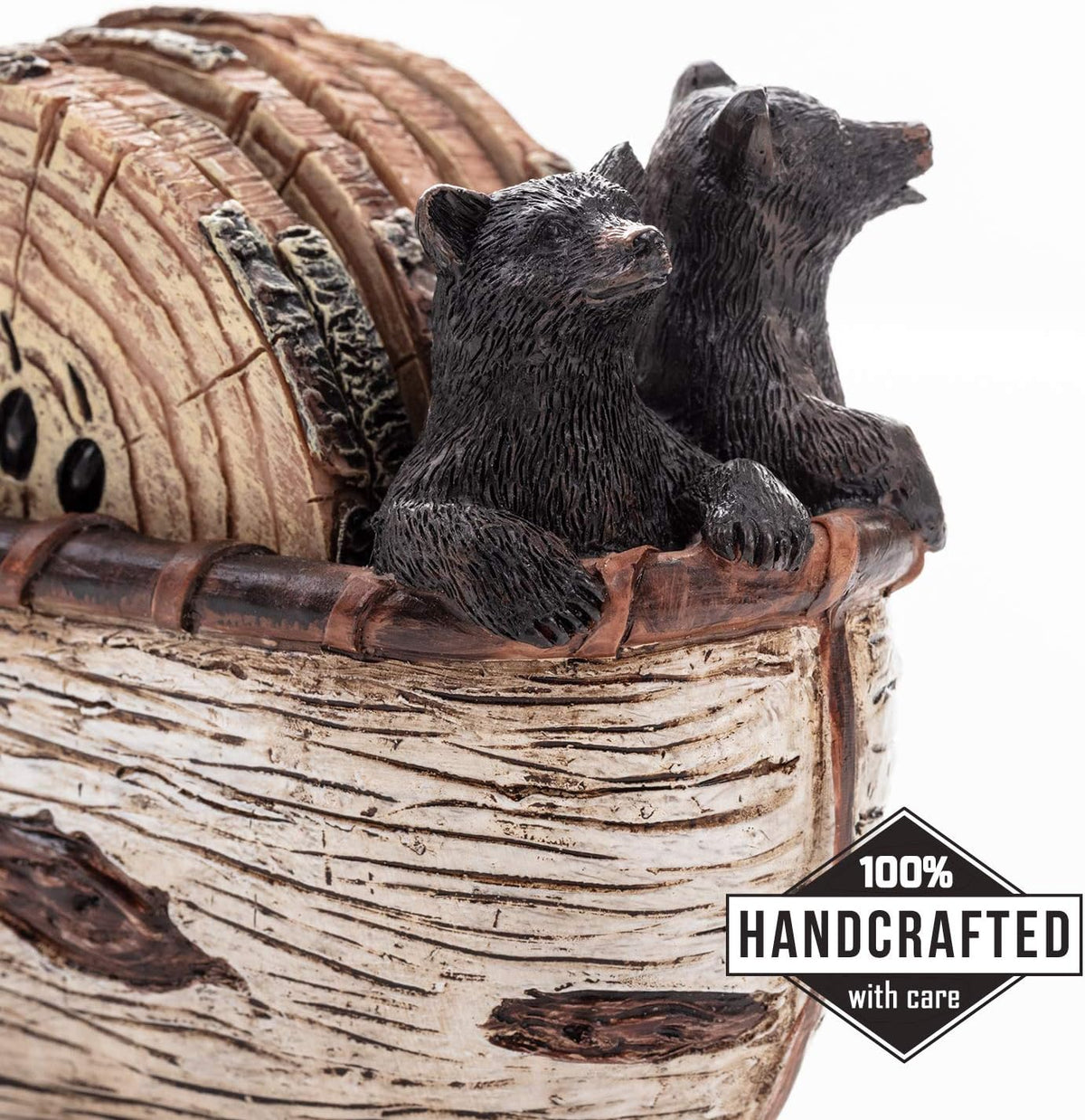 Bear Coasters Set of 6 Full Size Rustic Coasters in Handmade Canoe with Adorable Black Bear