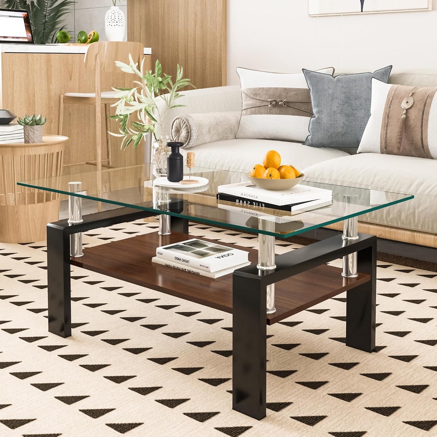 Tempered Glass Coffee Table Rectangle Living Room Center Table, with 39" Clear Top and Brown MDF