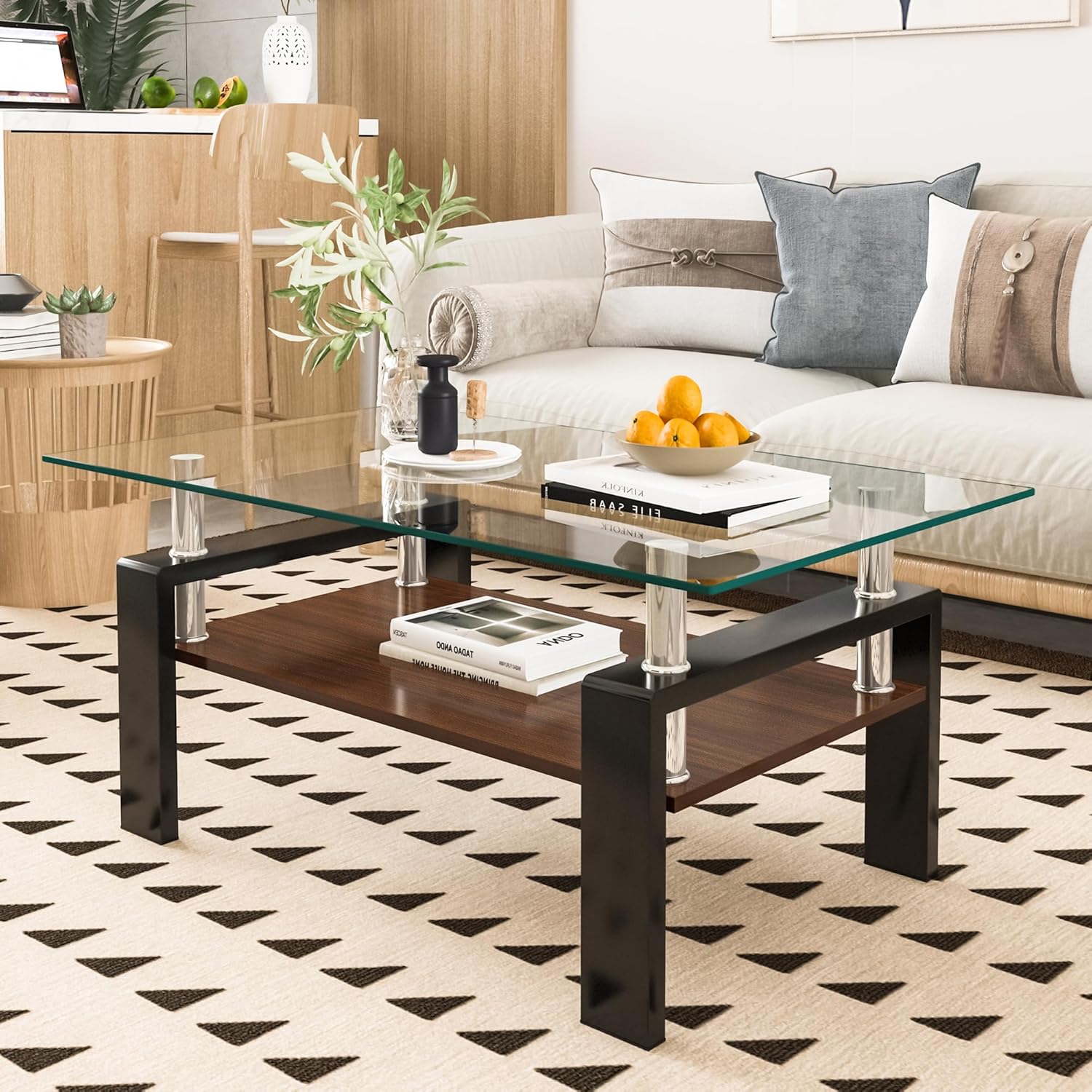 Tempered Glass Coffee Table Rectangle Living Room Center Table, with 39" Clear Top and Brown MDF