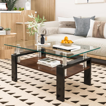 Tempered Glass Coffee Table Rectangle Living Room Center Table, with 39" Clear Top and Brown MDF