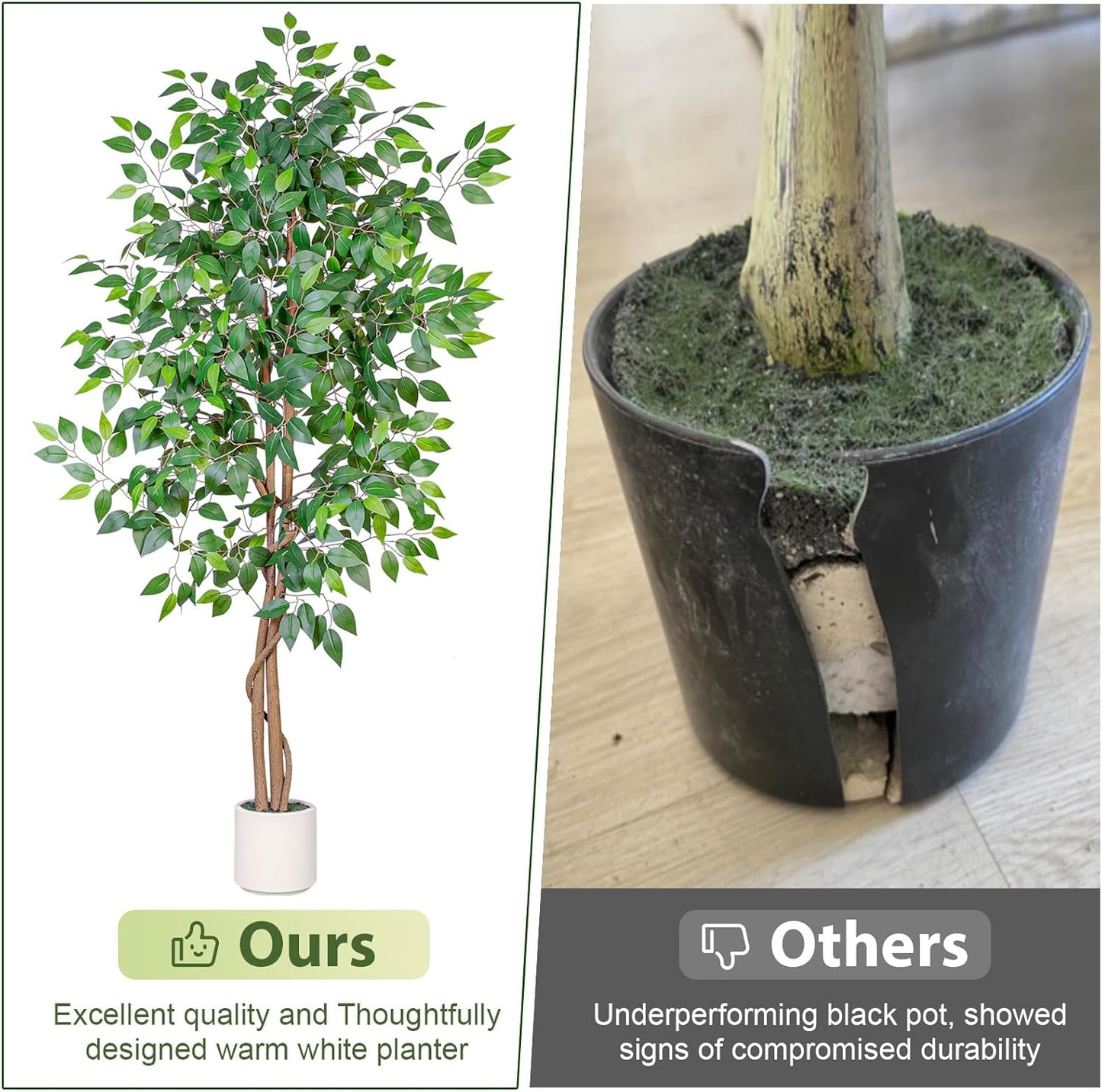 6FT Artificial Ficus Tree with White Planter, Realistic Faux Silk Indoor Outdoor Plant for Home