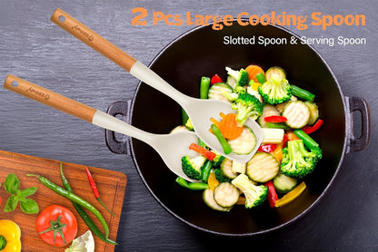 Large Silicone Cooking Spoon Set, 2 Pack Solid Slotted Spoon with Wooden Handle, Nonstick Silicone
