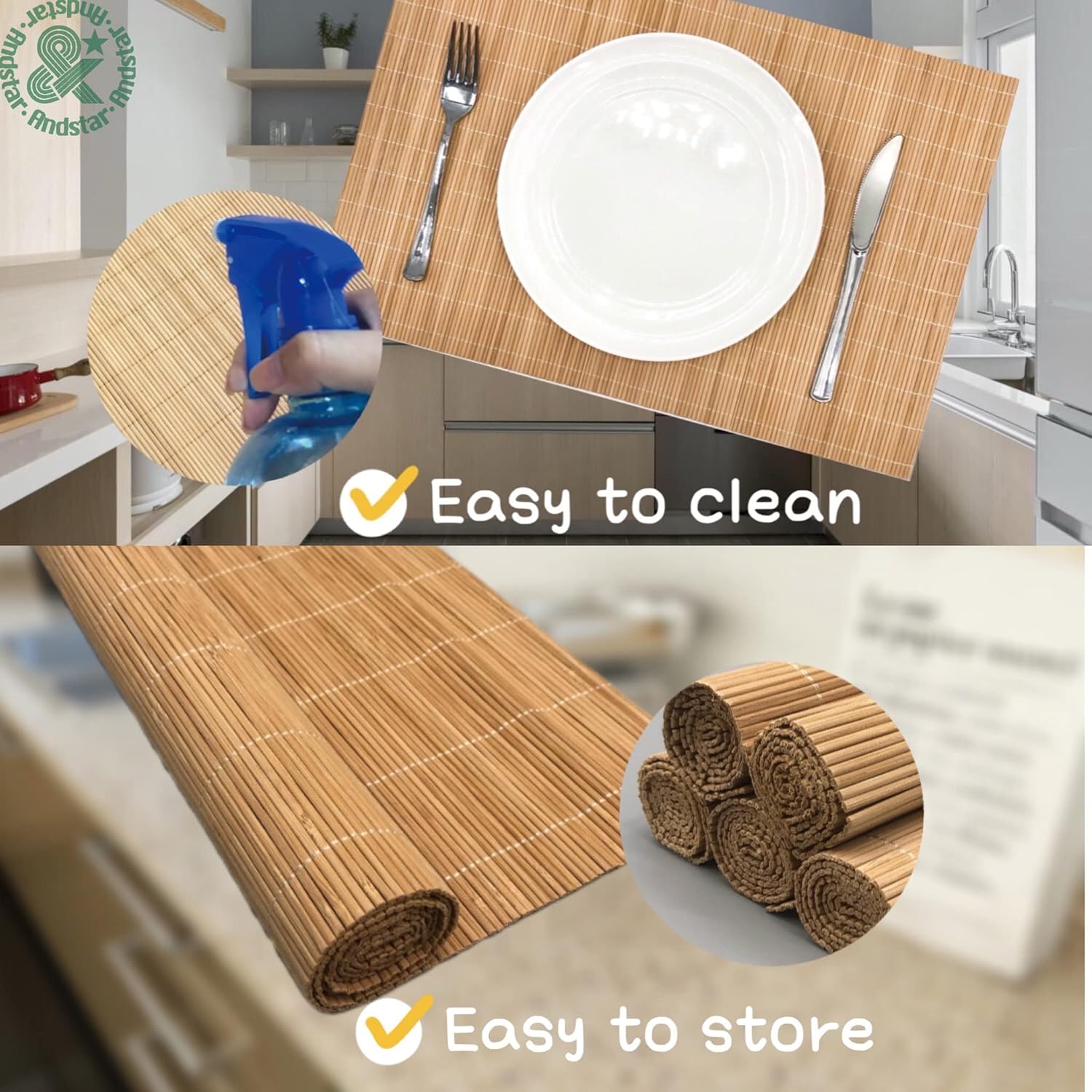 ANDSTAR Set of 6 Bamboo Placemats 17.7X11.8Inch Sushi Rolling Mat Japanese Style Bamboo Mat Natural
