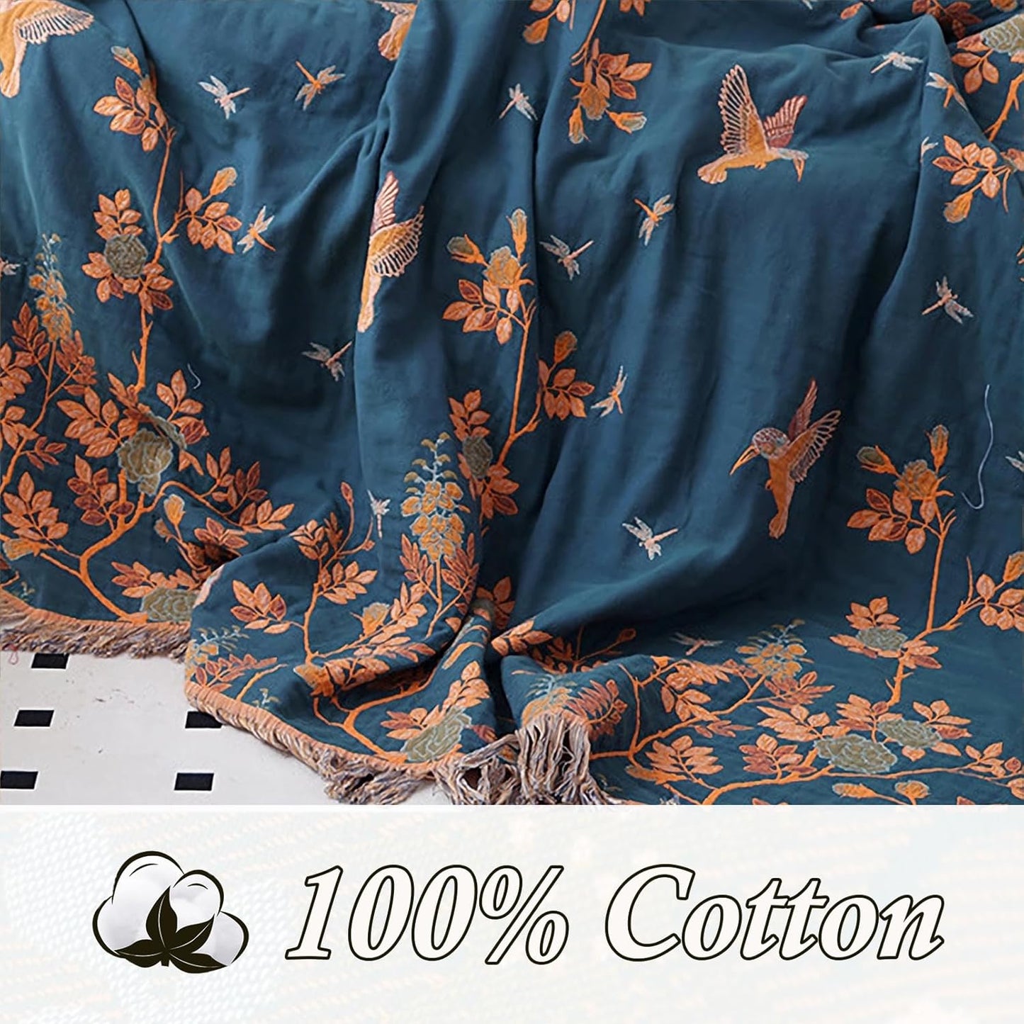 Snycler Boho Throw Blanket for Bed, 100% Organic Cotton Muslin Soft Throw-Floral Bird Farmhouse