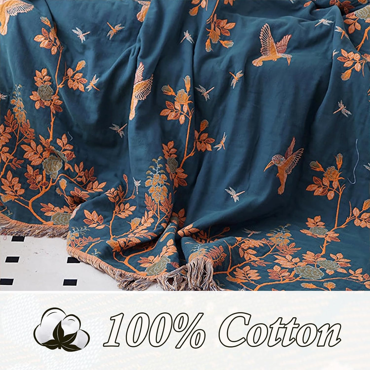 Snycler Boho Throw Blanket for Bed, 100% Organic Cotton Muslin Soft Throw-Floral Bird Farmhouse