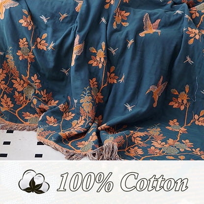 Snycler Boho Throw Blanket for Bed, 100% Organic Cotton Muslin Soft Throw-Floral Bird Farmhouse
