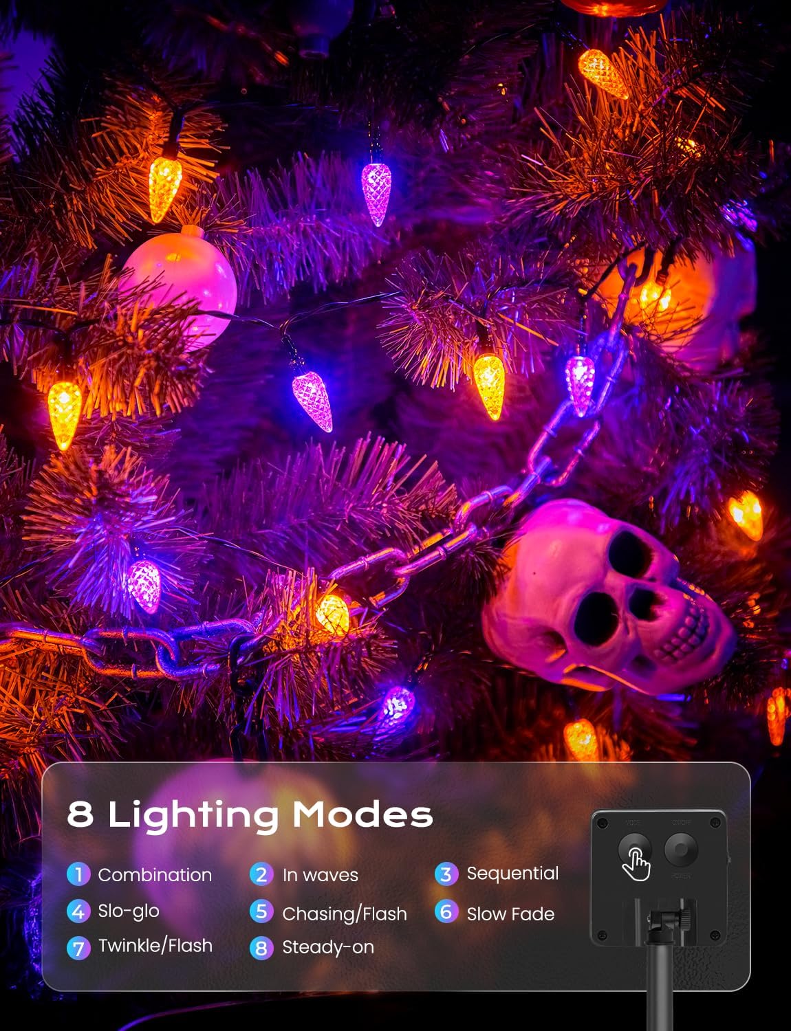 Brightown Solar Operated C6 Halloween Outdoor Lights, 22.64ft 50 LEDs Orange Purple Halloween