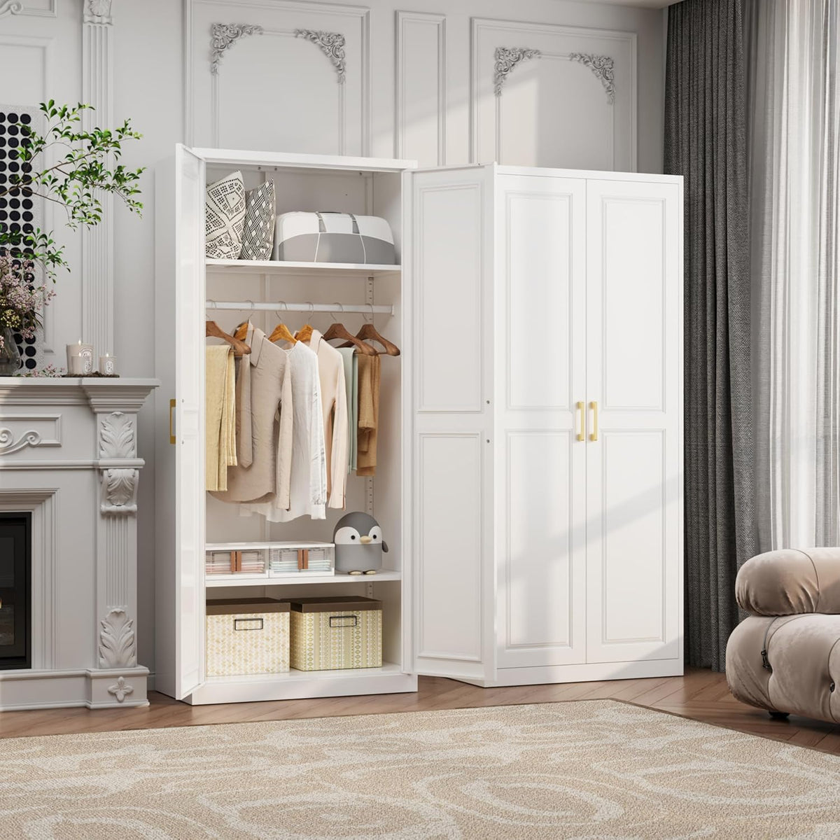 71" Metal Armoire Wardrobe Closet with 2 Doors, Tall Wardrobe Cabinet with Hanging Rod and