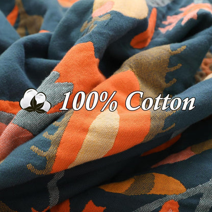 Snycler Boho Throw Blanket for Bed, 100% Organic Cotton Muslin Soft Throw-Orange Boho Floral