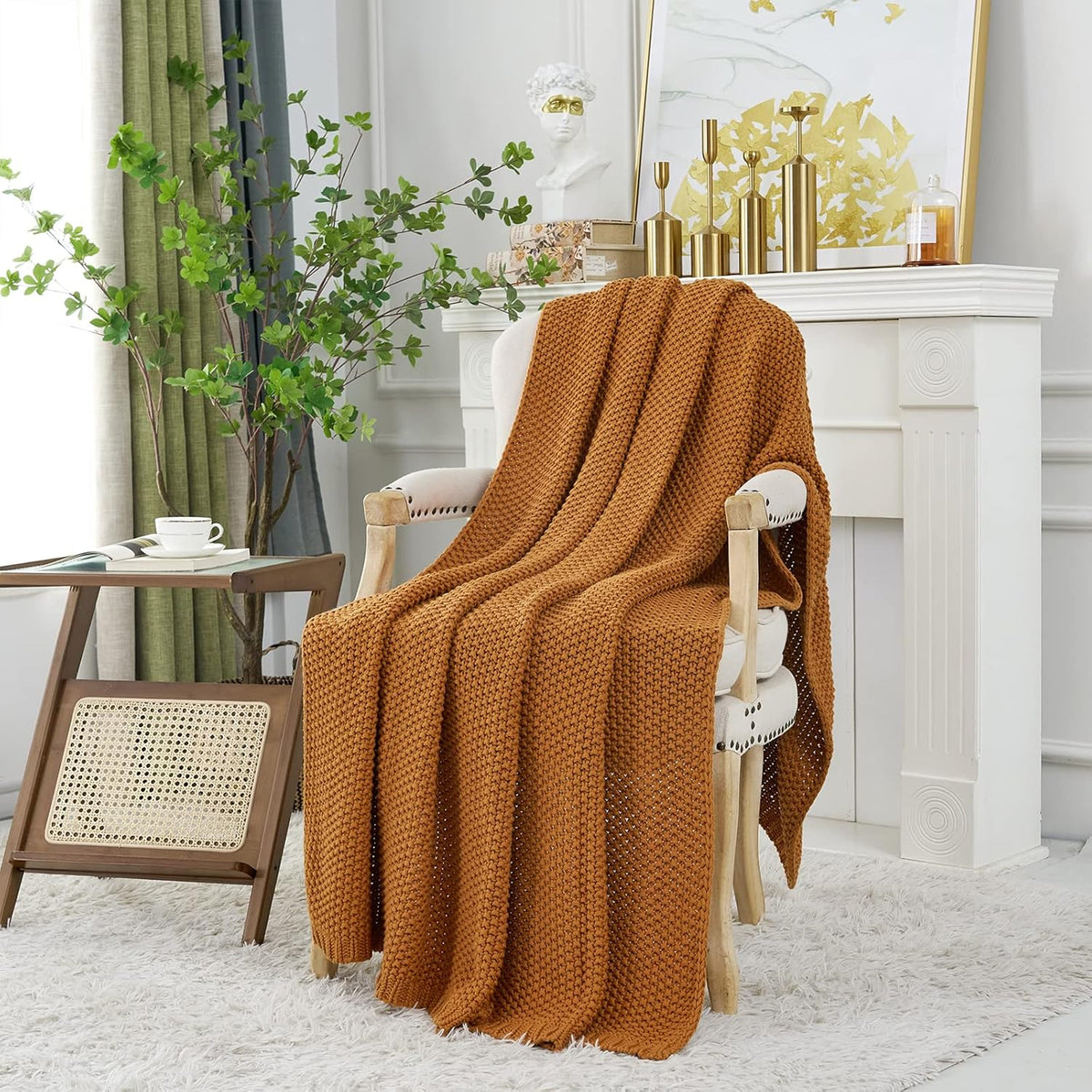 Chunky Cable Knit Throw Blanket Lightweight Burnt Orange 100% Organic Cotton Blanket for Sofa Couch