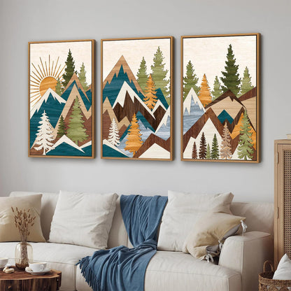 Tinonedraw Large Metal Mountain Framed Canvas Wall Art, Boho Rustic Sunrise Forest Wall Decor, 3