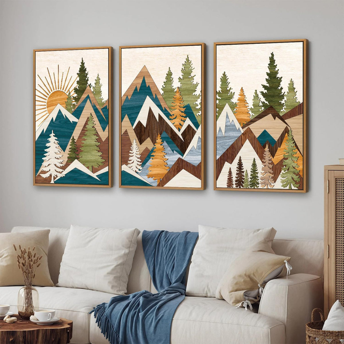 Tinonedraw Large Metal Mountain Framed Canvas Wall Art of 3, Boho Rustic Sunrise Forest Wall Decor