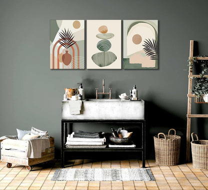 3 Pcs Mid Century Modern Boho Abstract Canvas Wall Art Neutral Green Bohemia Sun and Plant Pictures