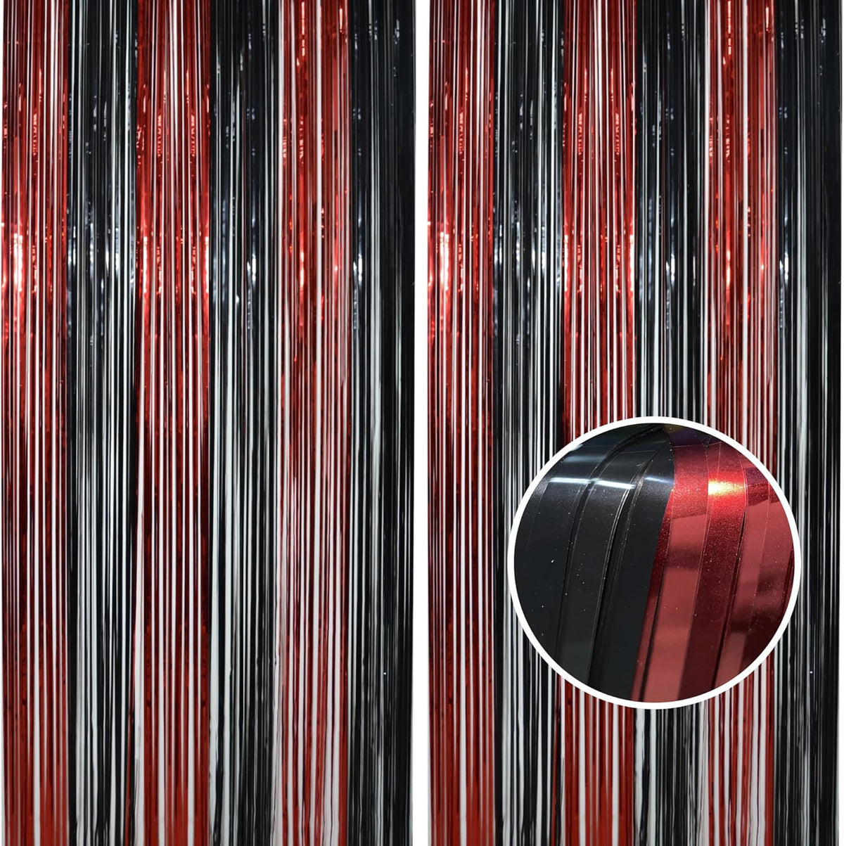 BRAVESHINE Tinsel Photo Backdrop Curtains - 2 Pack 3.2x8.2ft Black Red Foil Fringe Streamer Curtain