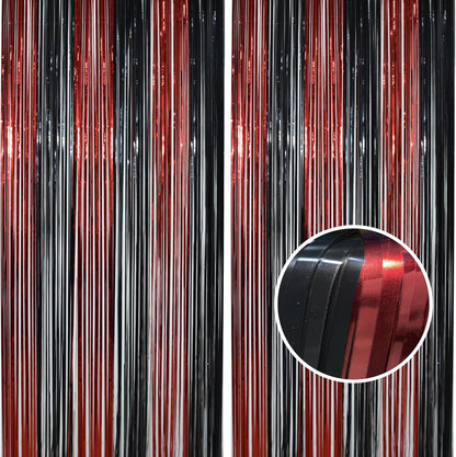 BRAVESHINE Tinsel Photo Backdrop Curtains - 2 Pack 3.2x8.2ft Black Red Foil Fringe Streamer Curtain