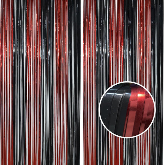 BRAVESHINE Tinsel Photo Backdrop Curtains - 2 Pack 3.2x8.2ft Black Red Foil Fringe Streamer Curtain