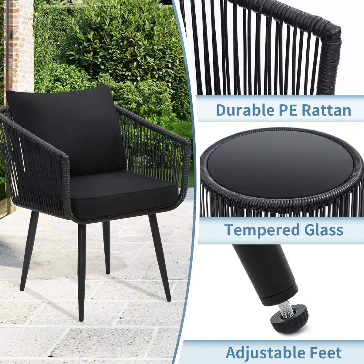 Kromax 3 Pieces Patio Rattan Bistro Conversation Set, Outdoor All-Weather Wicker Furniture Chairs