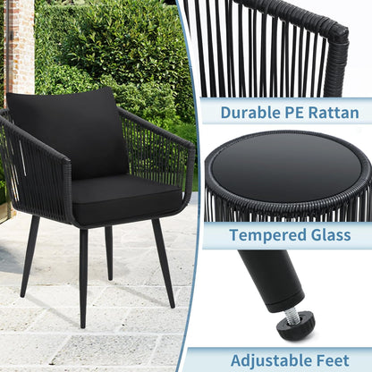 Kromax 3 Pieces Patio Rattan Bistro Conversation Set, Outdoor All-Weather Wicker Furniture Chairs