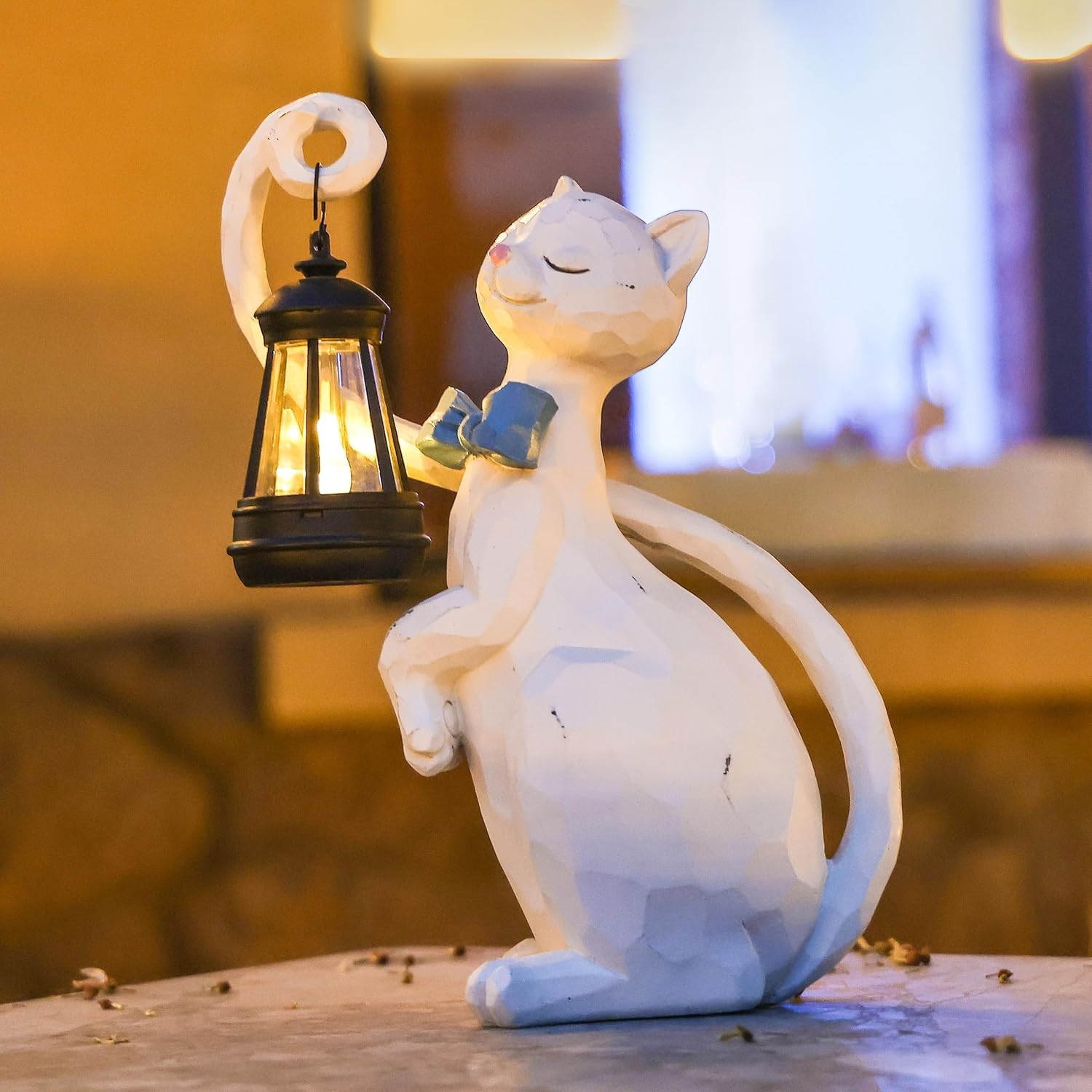 WHIMSYNOOK 10.7" White Cat Solar Garden Light Statue – Outdoor Garden & Yard Decor, LED Lantern