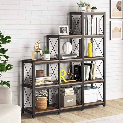 Tribesigns 12 Shelves Bookshelf, Industrial Ladder Corner Bookshelf 9 Cubes Stepped Etagere