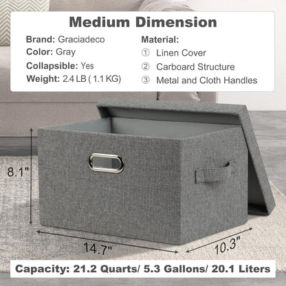 Medium 15" 21 Quart Collapsible Stackable Storage Bins with Lids, 1 Pack Gray Foldable Fabric