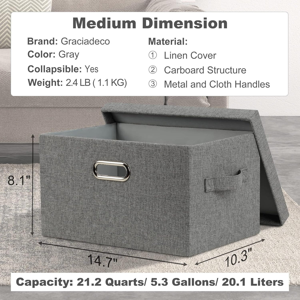 Medium 15" 21 Quart Collapsible Stackable Storage Bins with Lids, 5 Packs Grey Foldable Fabric