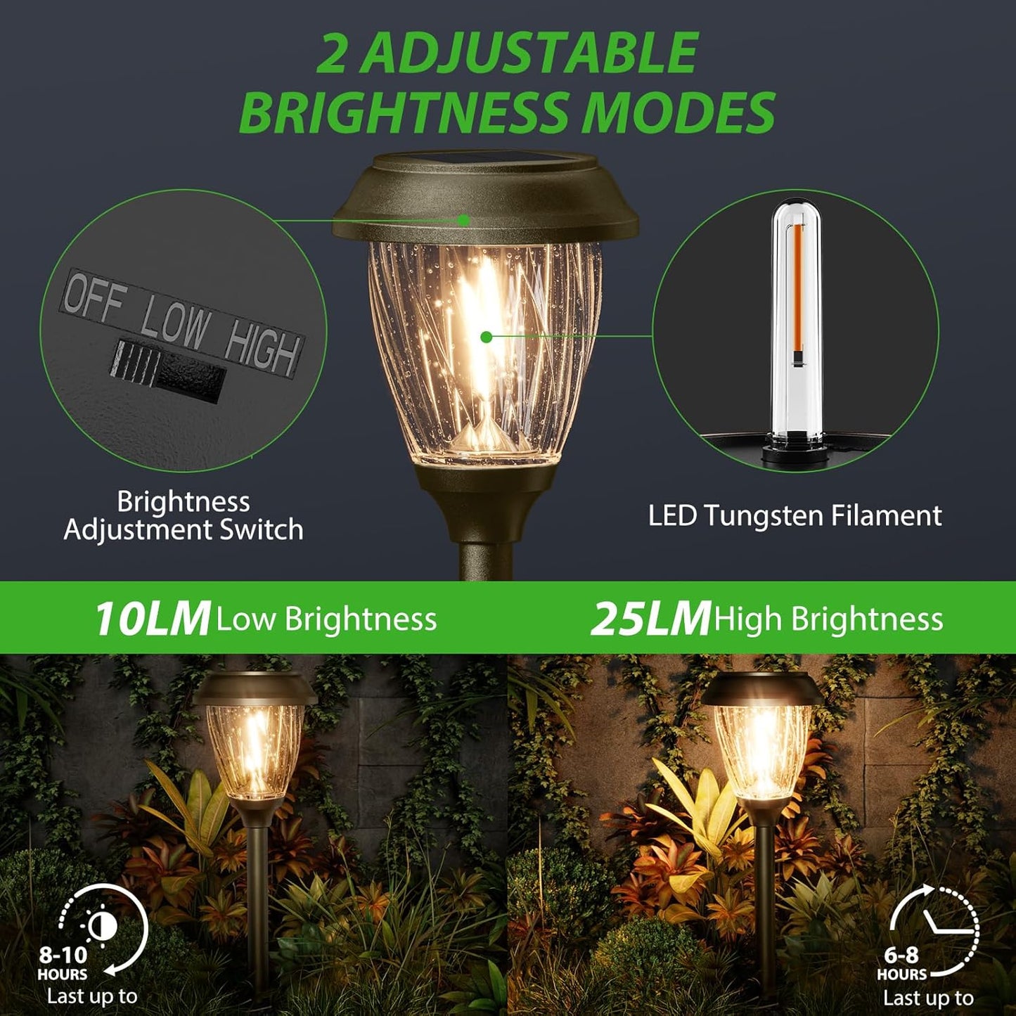 XMCOSY+ Solar Pathway Lights Outdoor, 10/25 LM in 2 Lighting Modes, Glass Stainless Steel