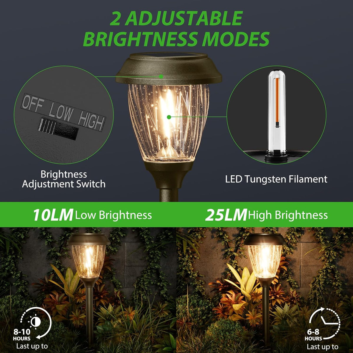 XMCOSY+ Solar Pathway Lights Outdoor, 10/25 LM in 2 Lighting Modes, Glass Stainless Steel