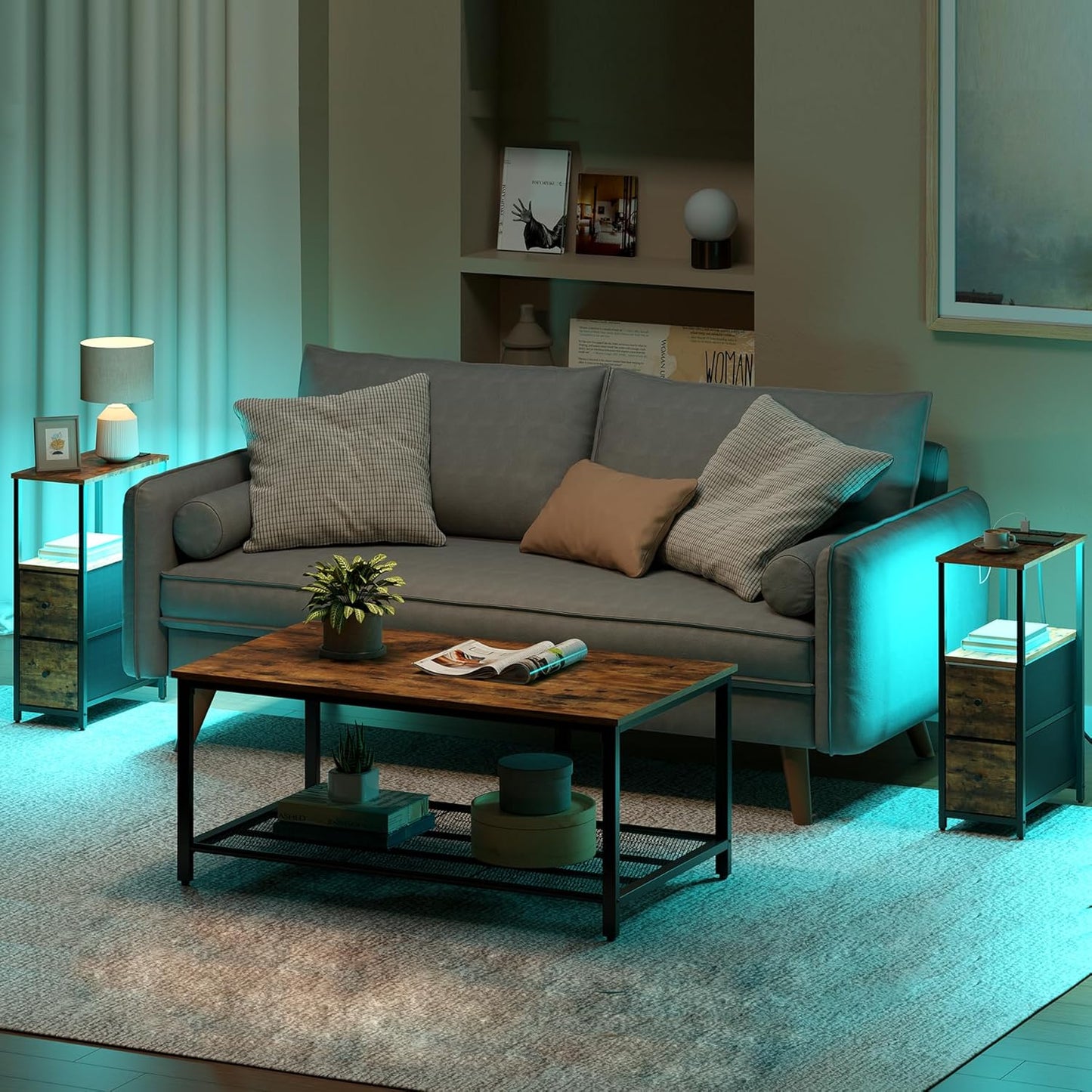 TUTOTAK Small Narrow LED End Table with Charging Station, Side Table Outlets, Nightstand with 2