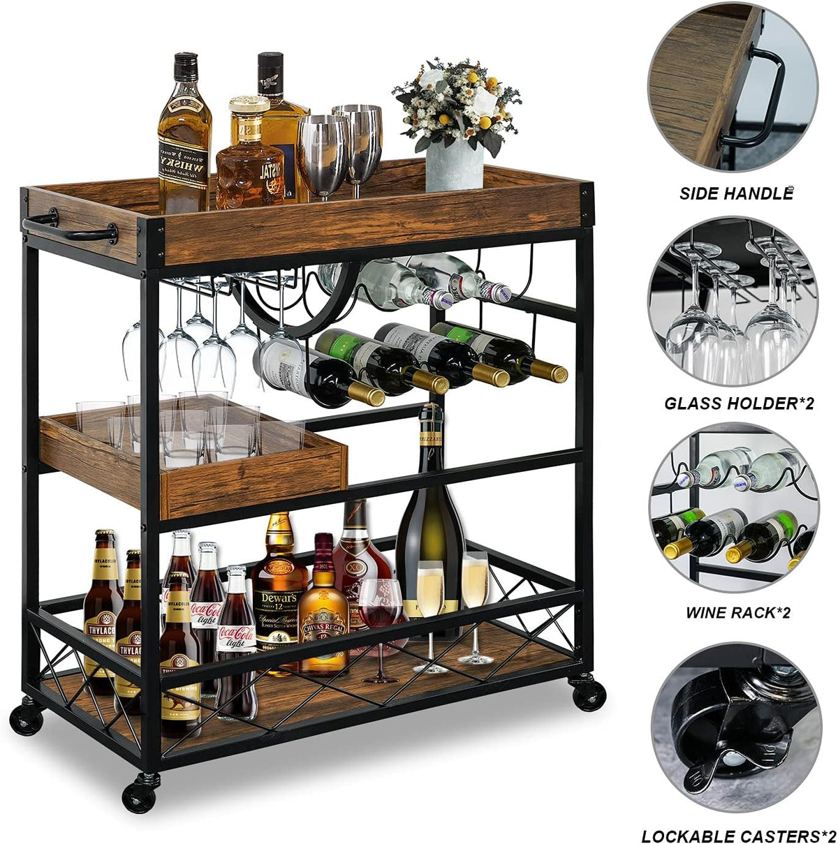 Bar Cart for The Home, 3 Tire Industrial Rolling Serving Cart on Lockable Wheels, Alcoholic