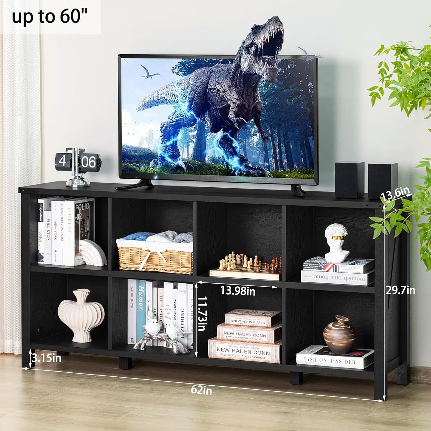 8 Cube Book Shelf, Farmhouse Wood Long Storage Organizer Bookcase, 62" Horizontal Black Console