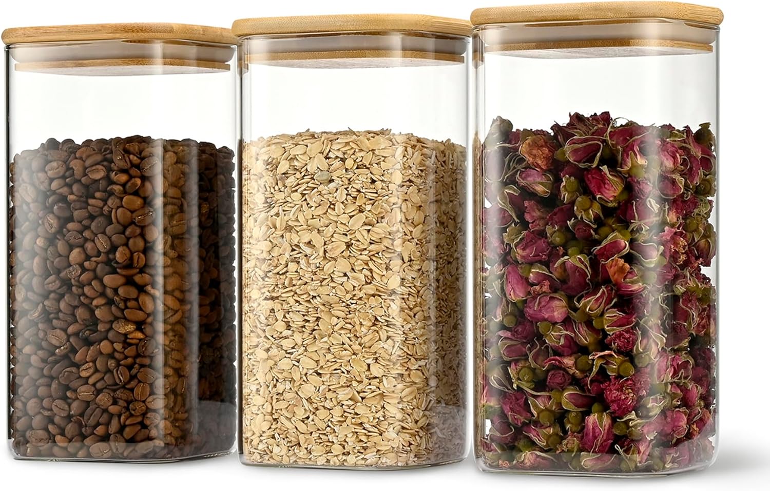 52oz Airtight Glass Square Storage Canister with Bamboo Lid Set of 3 (1550ml) Container Stackable