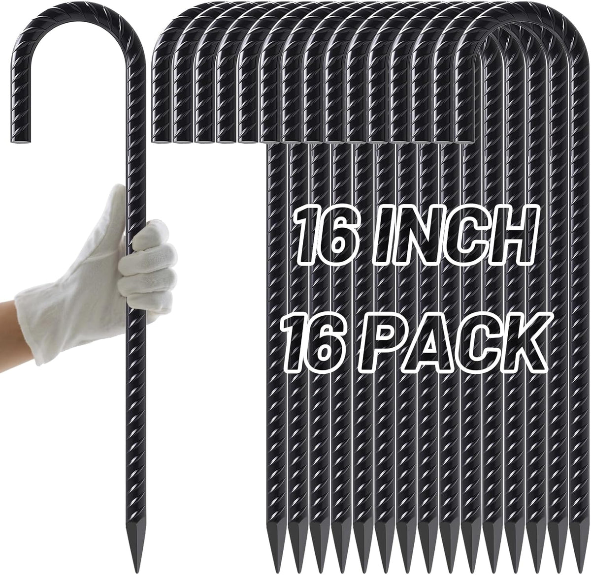 AAGUT Rebar Stakes 16 Inch 16 Pack 1/2" Heavy Duty J Hook Ground Spikes, Tent Stakes Chain Link