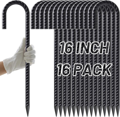 AAGUT Rebar Stakes 16 Inch 16 Pack 1/2" Heavy Duty J Hook Ground Spikes, Tent Stakes Chain Link