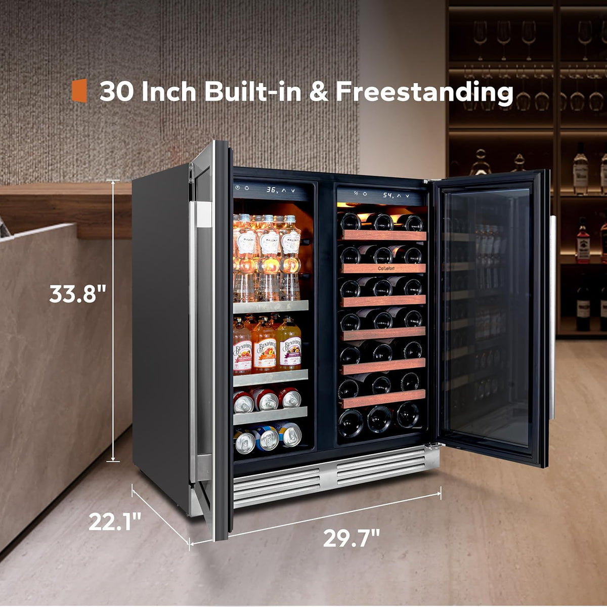 Ca'Lefort 30 Inch Wine and Beverage Refrigerator, 80 Can and 33 Bottle French Door Wine