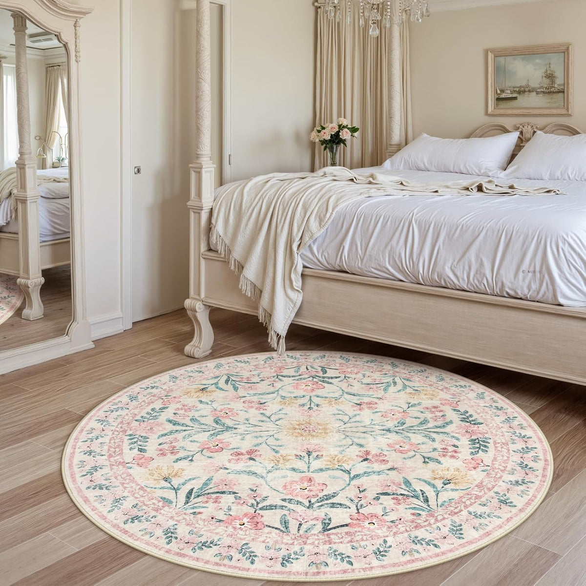 Wonnitar Washable Round Rugs 6ft, Pink Floral Circle Rug Large Round Carpet for Bedroom, Boho Soft