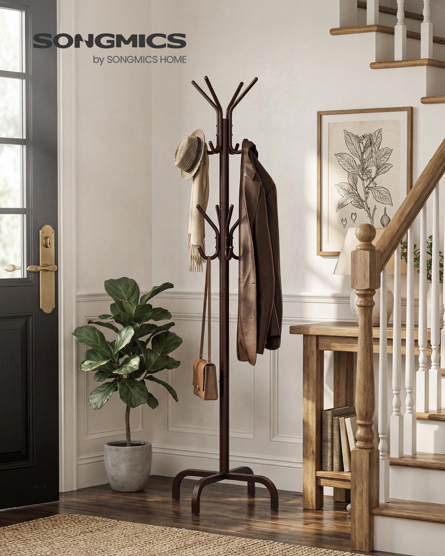 SONGMICS Coat Rack Freestanding with 16 Hooks, Metal Coat Tree Stand with 4 Adjustable Feet